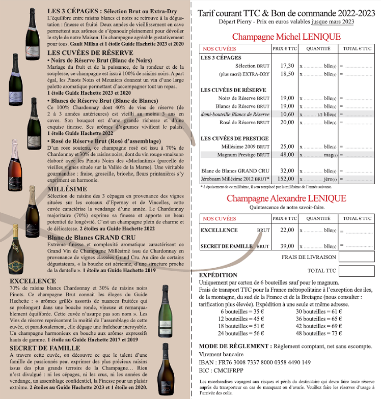 Vente de champagne Lenique :
tarif, prix et bon de commande.